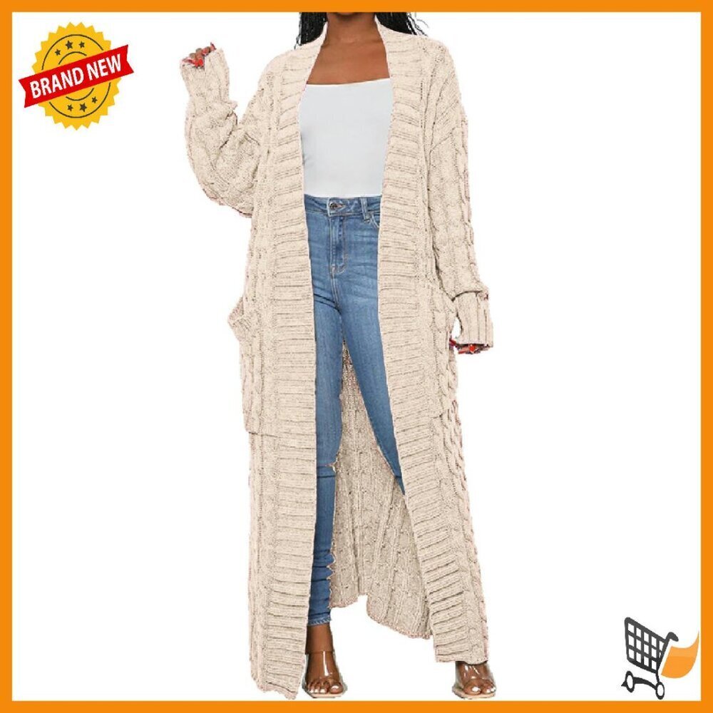 Extra Long Cable Knit Cardigan with Pockets, Polyester, Loose Fit